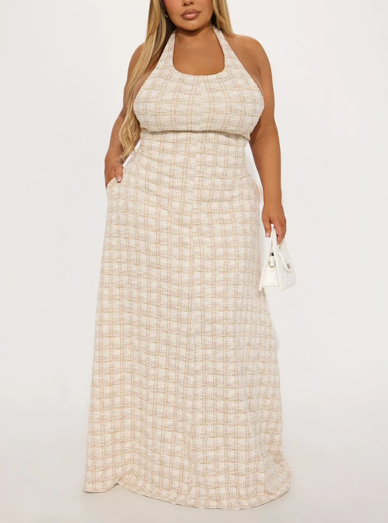 Plaid Halter Neck Open - Back Maxi Dress