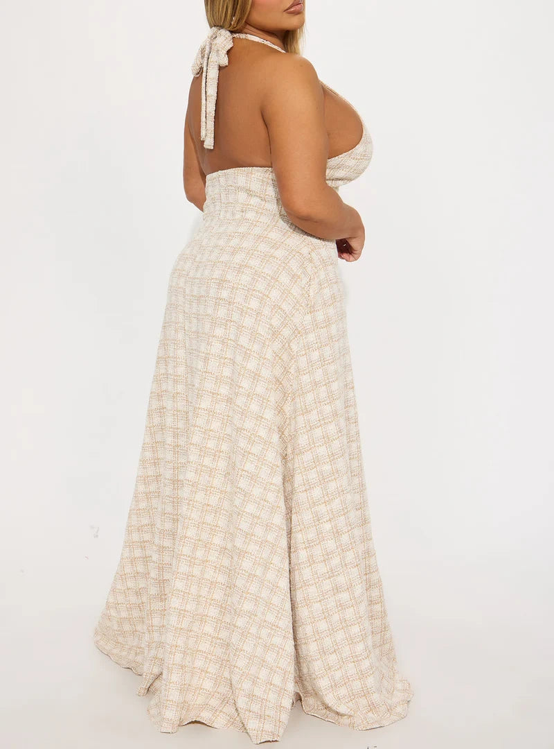 Plaid Halter Neck Open - Back Maxi Dress