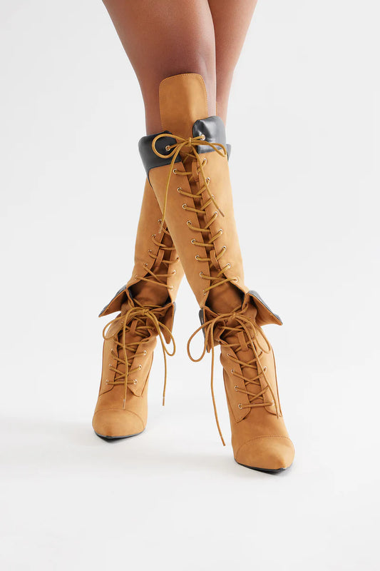 Two-Tone Lace-Up Over-The-Knee Stiletto Boots
