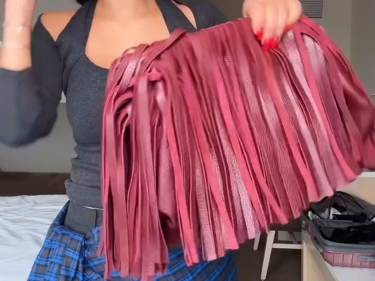 Burgundy genuine leather fringed framed clutch, Leather large cloud bag with tassels, Handmade Oversized puffball retro Dumpling purse