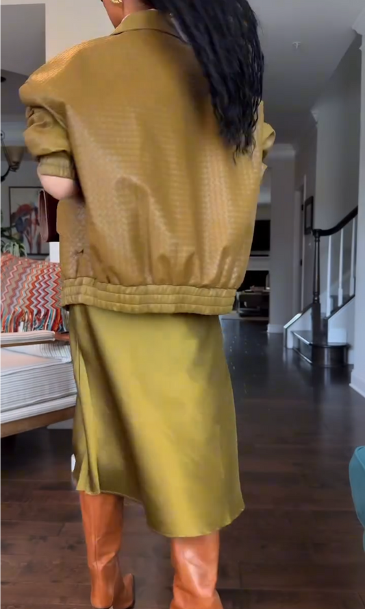 Olive green textured leather zip-up jacket