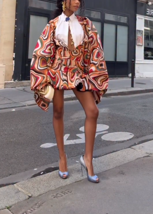 Retro Swirl Print Ruffled Mini Dress with Oversized Silhouette