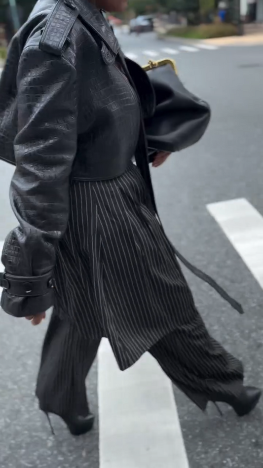 Black Pinstripe Wide - Leg Trousers with Extended Flap Detail