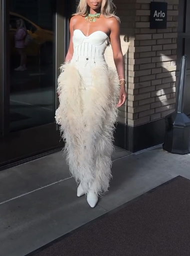 Cream Feather - Trimmed Corset Jumpsuit