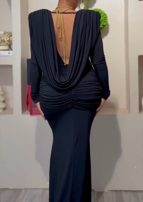 Draped Backless Cowl Neck Ruched Maxi Dress