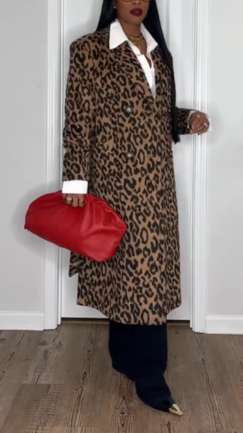 Leopard Print Double - Breasted Maxi Coat
