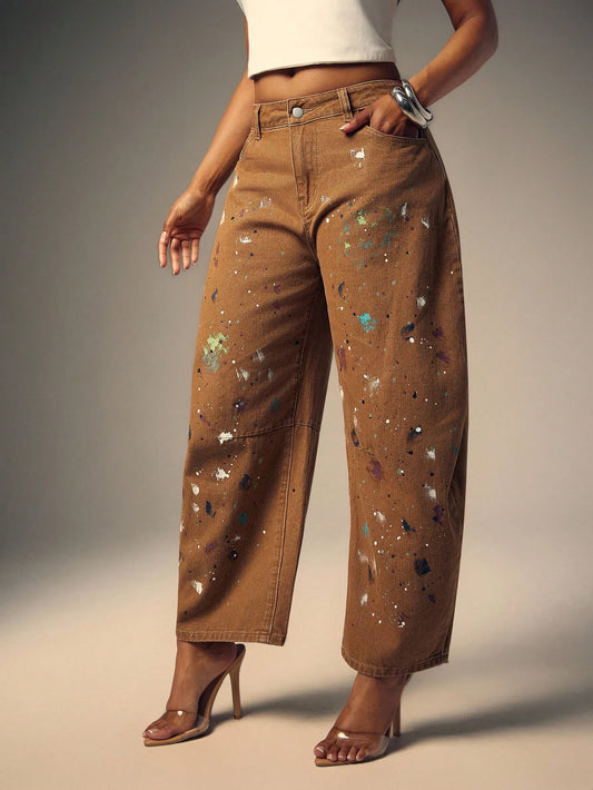 Artistic Paint-Splattered Wide-Leg Denim Pants