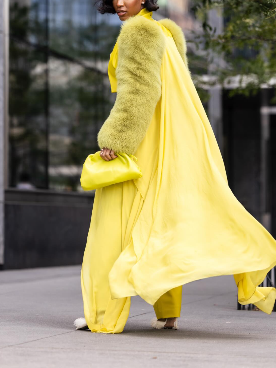 Women's Bright Yellow Satin Jumpsuit with Green Fur - Trimmed Jacket