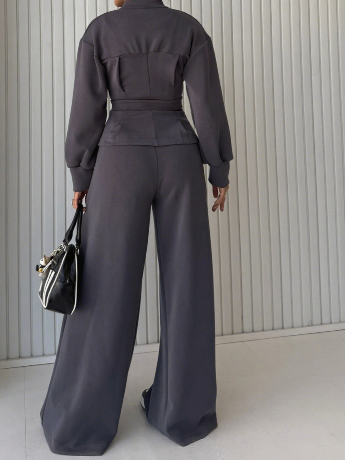 Women's Zip - Up Belted Jacket & Wide - Leg Pants Set