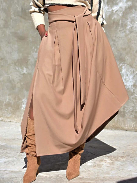 Khaki High Waist Split Belted Skirt