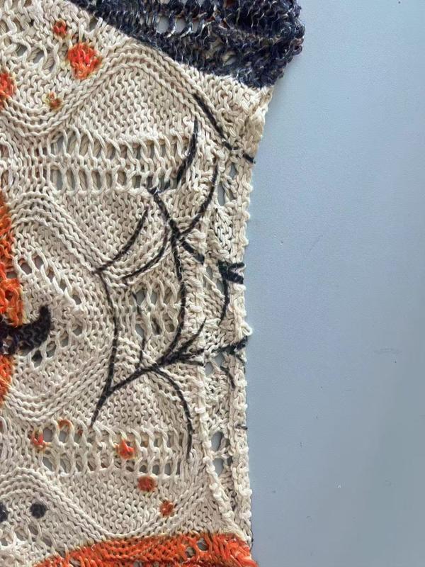 Women's Halloween pumpkin print long-sleeved knit top, casual and elegant resort style sweater with loose bat shoulders