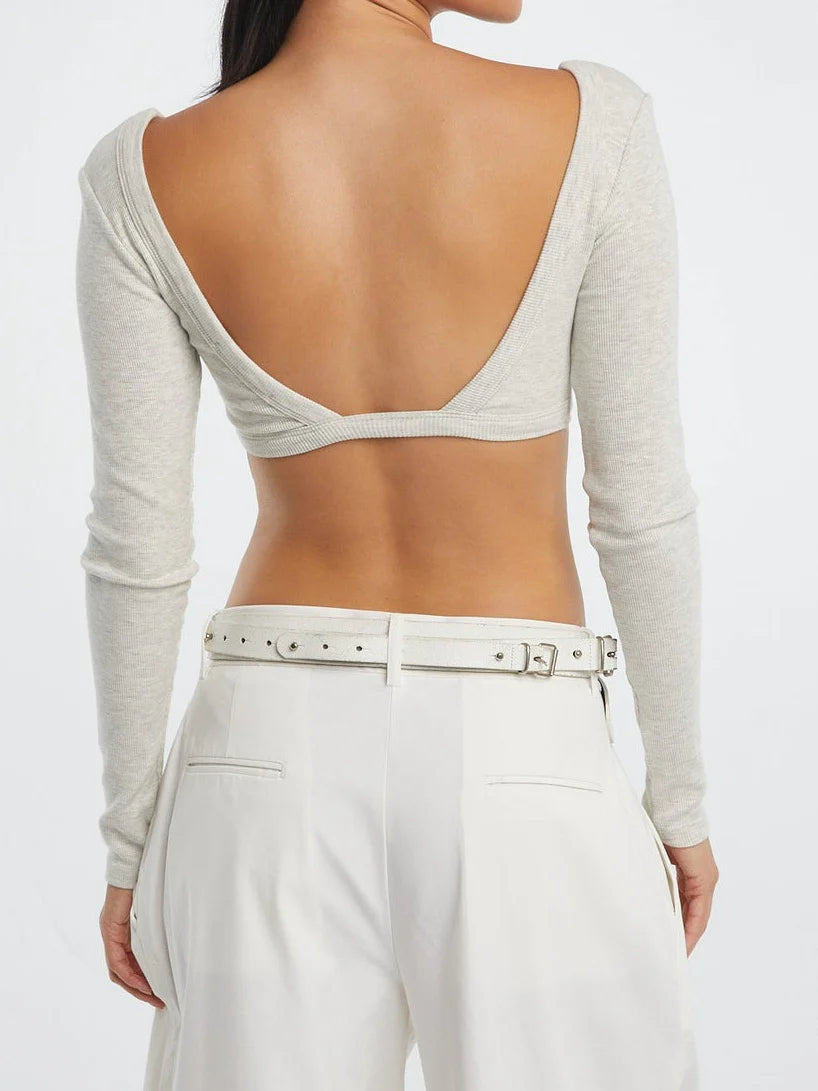 Women's Light Grey Ribbed Long - Sleeve Deep V Crop Top with Open Back