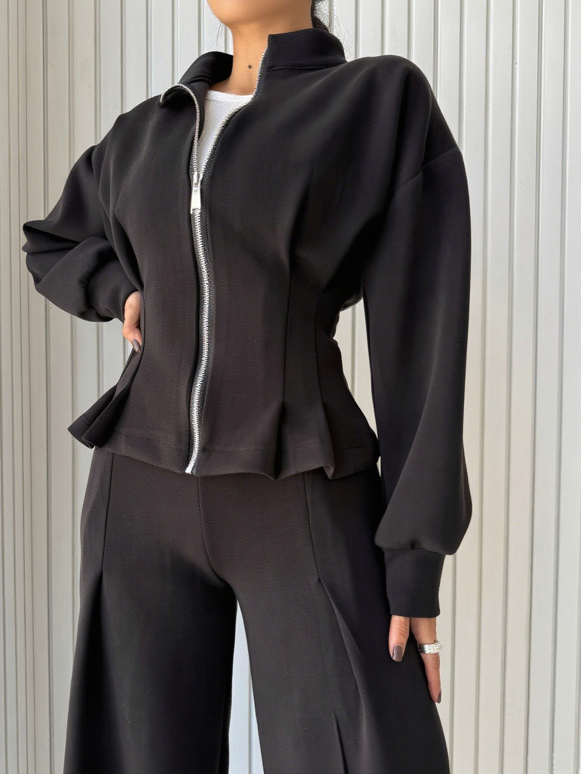 Women's Zip - Up Belted Jacket & Wide - Leg Pants Set