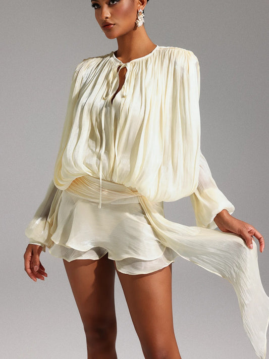 Creamy Tie - Neck Draped Long - Sleeve Romper