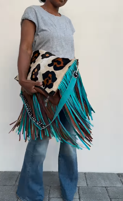 Leopard Print Fringe Crossbody Bag – Bohemian Style with Colorful Tassels