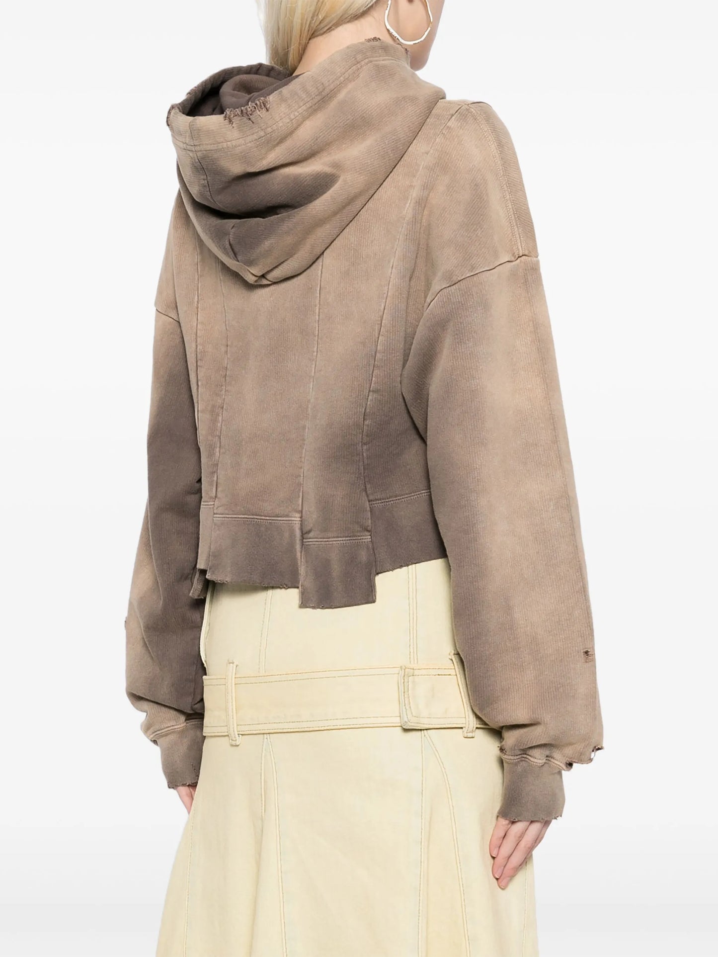Distressed Cotton Cropped Hoodie - Beige with Raw Hem & Label Detail