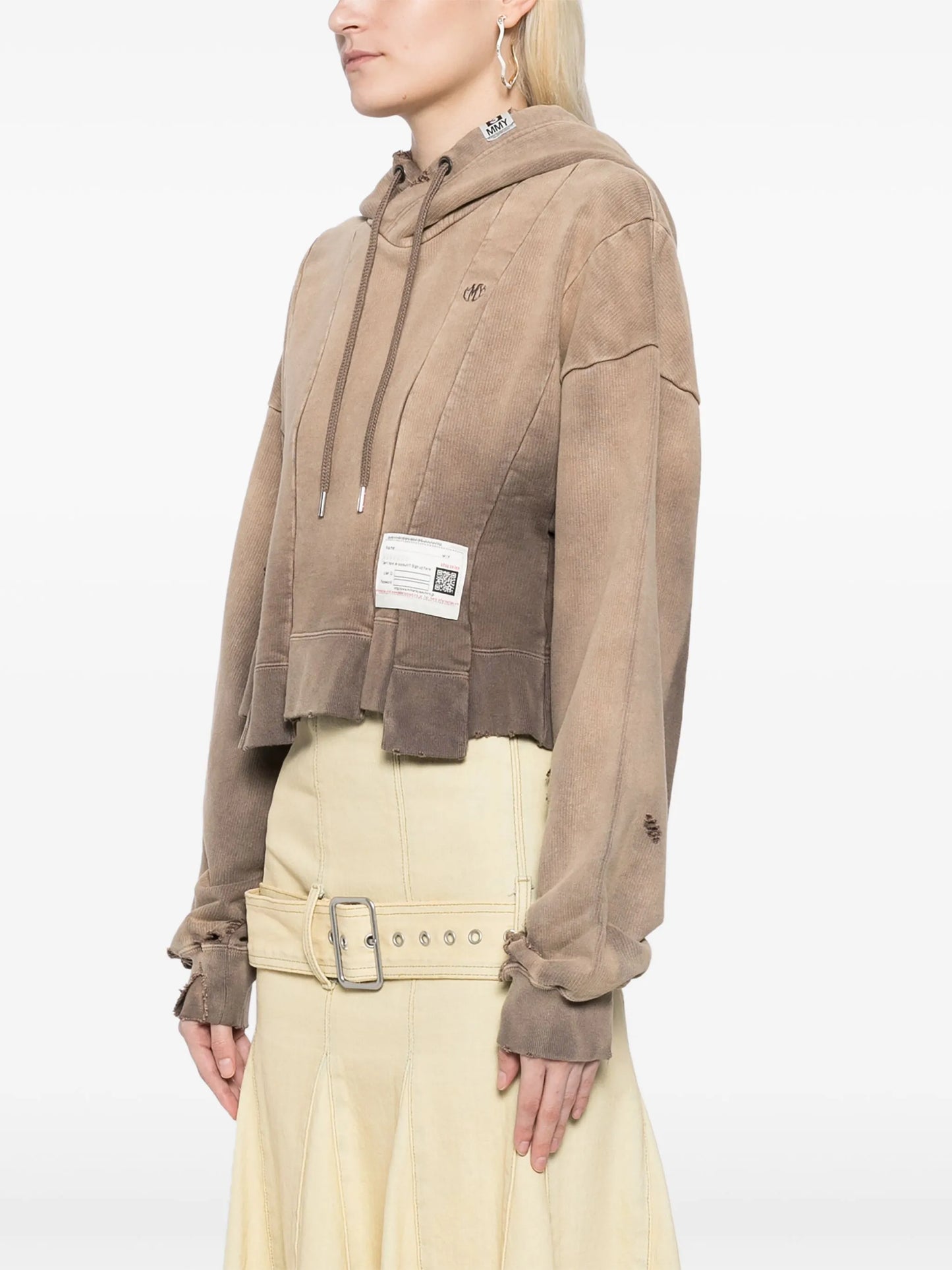 Distressed Cotton Cropped Hoodie - Beige with Raw Hem & Label Detail