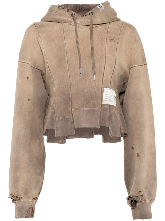 Distressed Cotton Cropped Hoodie - Beige with Raw Hem & Label Detail
