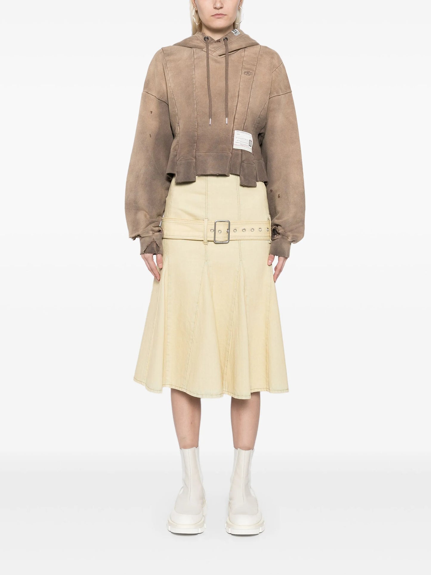 Distressed Cotton Cropped Hoodie - Beige with Raw Hem & Label Detail