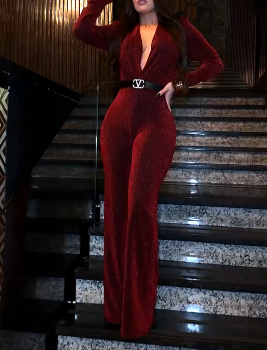 Deep V-neck velvet jumpsuit