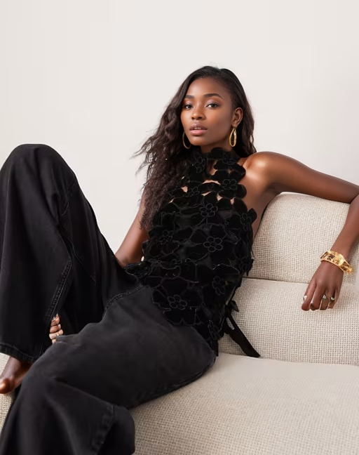 Embroidered velvet quilted open back turtleneck top