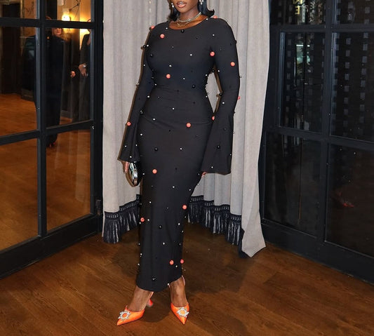 Long Sleeve Beaded Maxi Dress