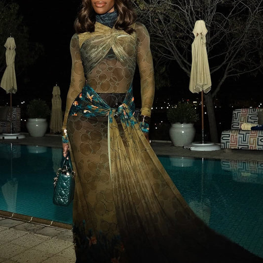 the Olive Seaweed Multi Twist Ring Mesh Dress