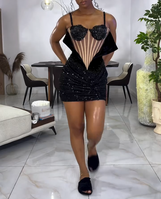 Black and Nude Sequin Hand Made Corset Mini Dress