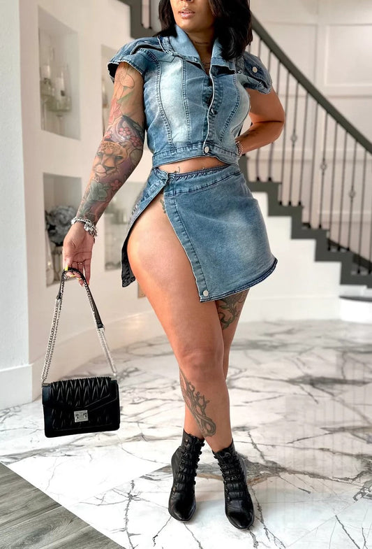 Button Side Slit Denim Skirt Set (New)