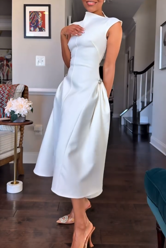 White sleeveless irregular neckline dress