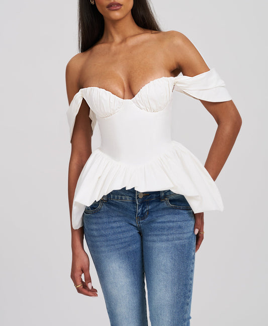 White Off-shoulder Bubble Hem Peplum Cotton Top