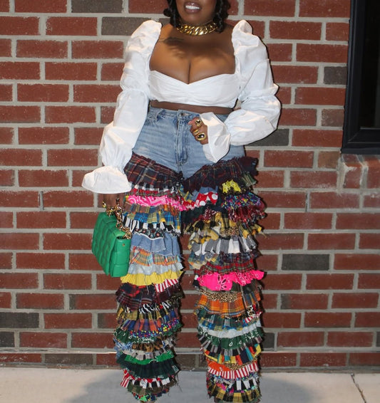 Jeans with unique patchwork fabric