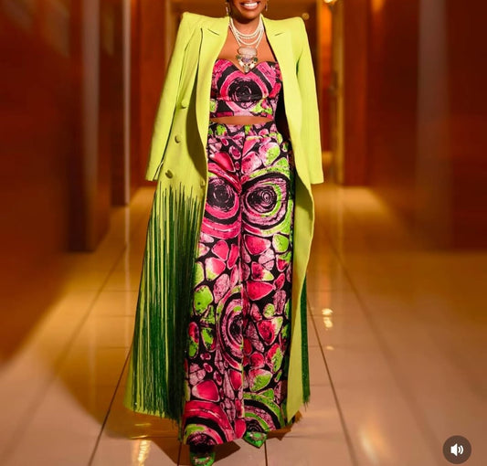 Green suit fringe long coat