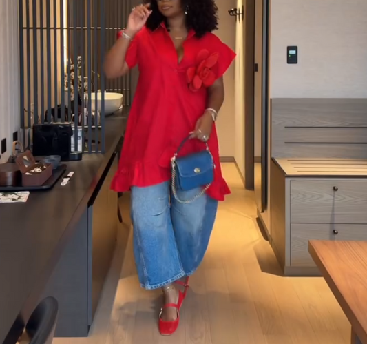 Women's Ruffle Floral V Neck Short Sleeve Shirt Dress