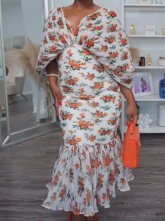 V-neck pleated sleeves printed long skirt