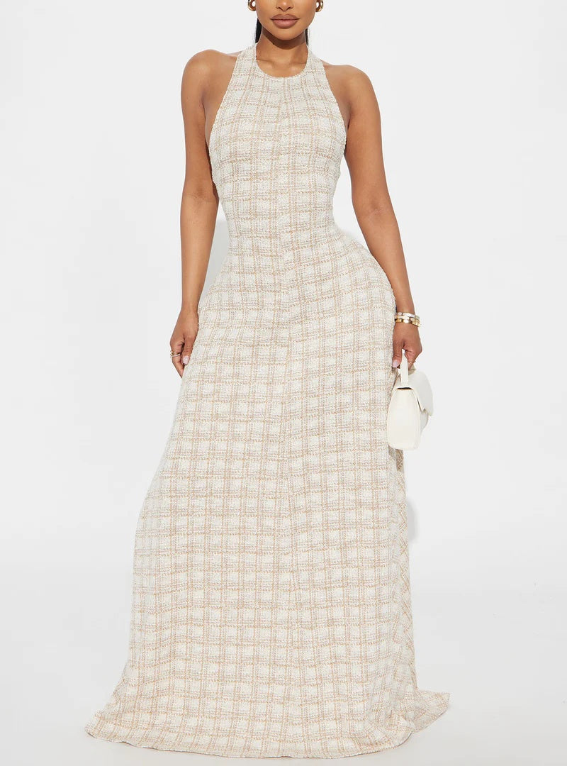 Plaid Halter Neck Open - Back Maxi Dress