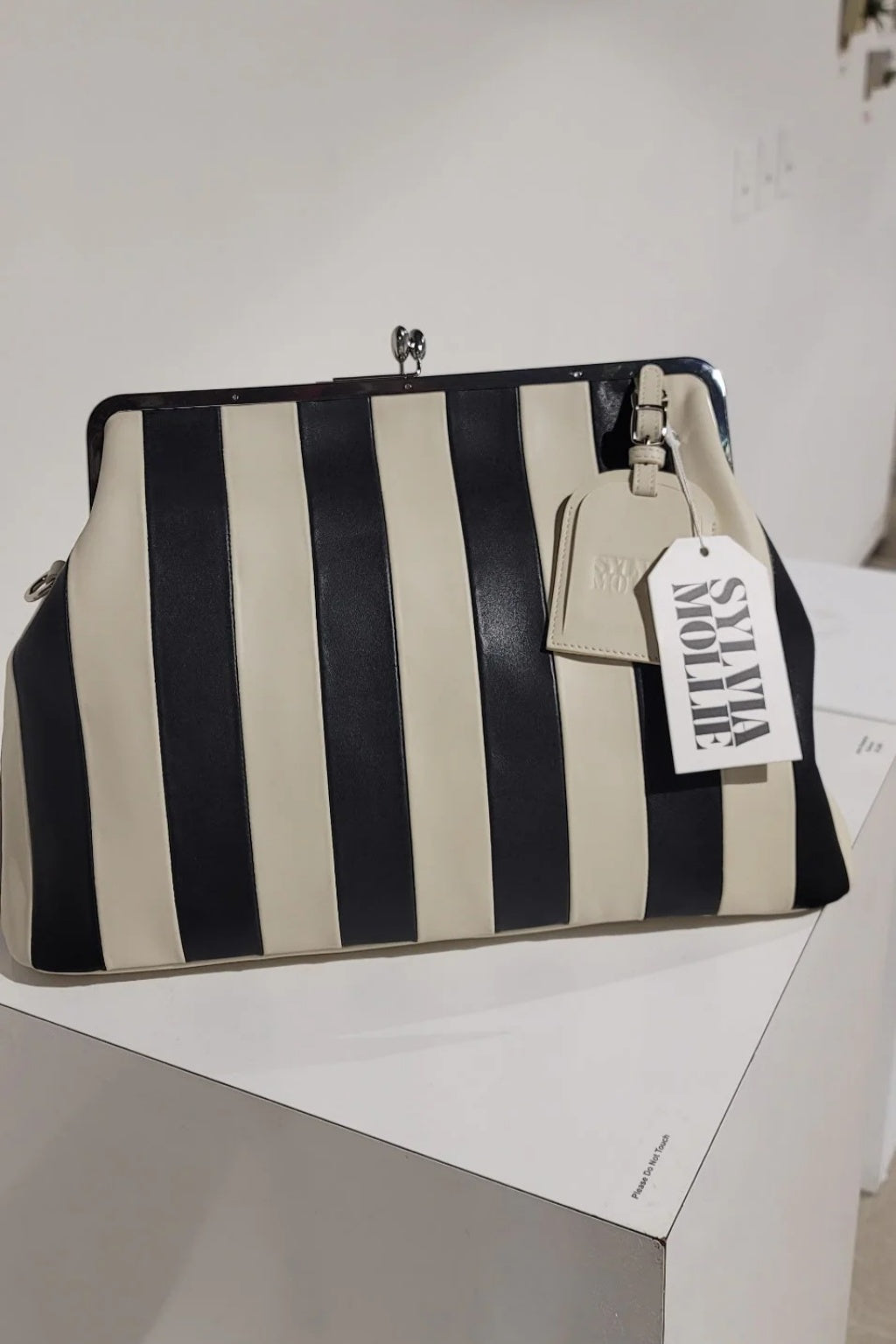 Black & White Striped Embossed Premium Leather Kisslock Clutch