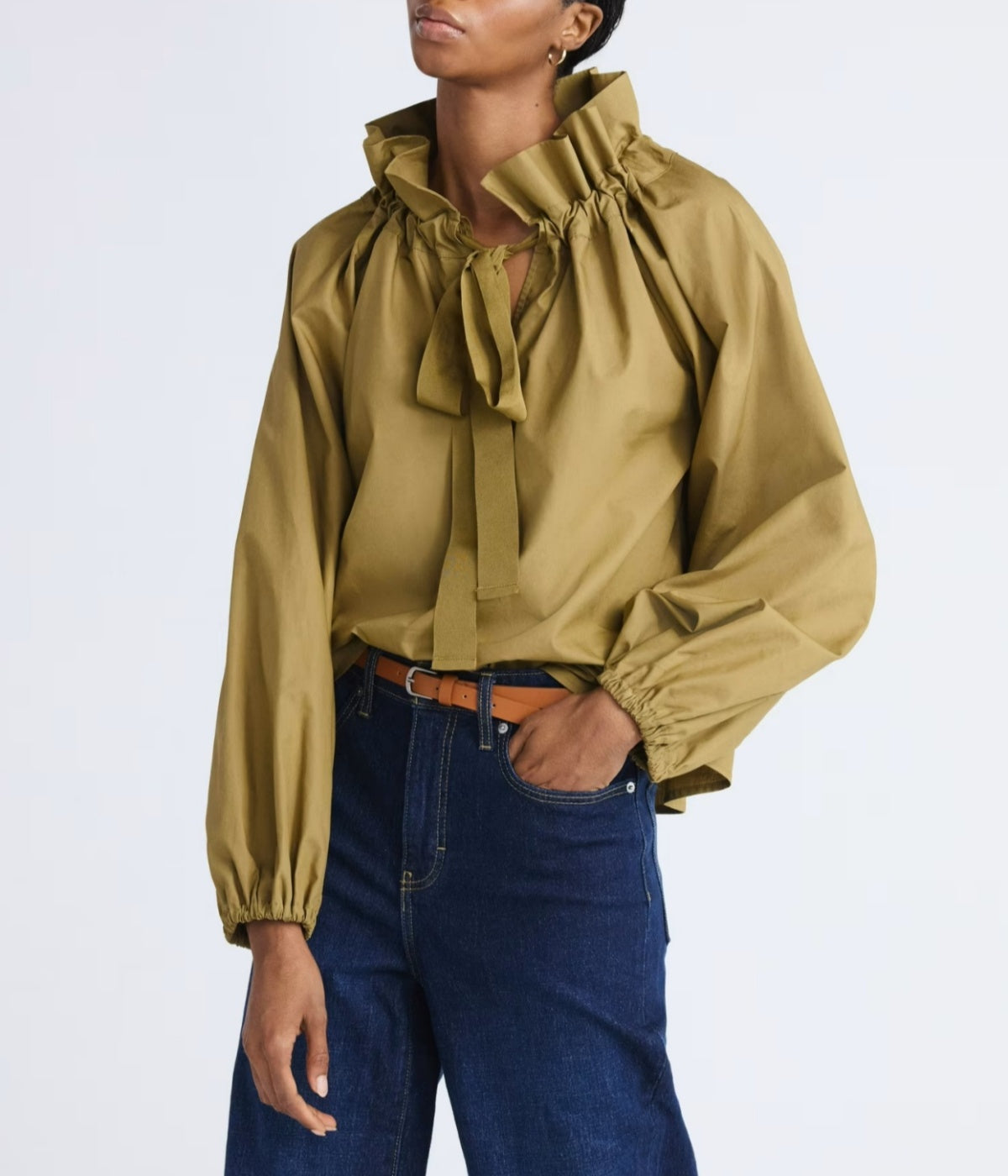 Women's Plus Size Ruffle Neck Cotton Top with Long Sleeves