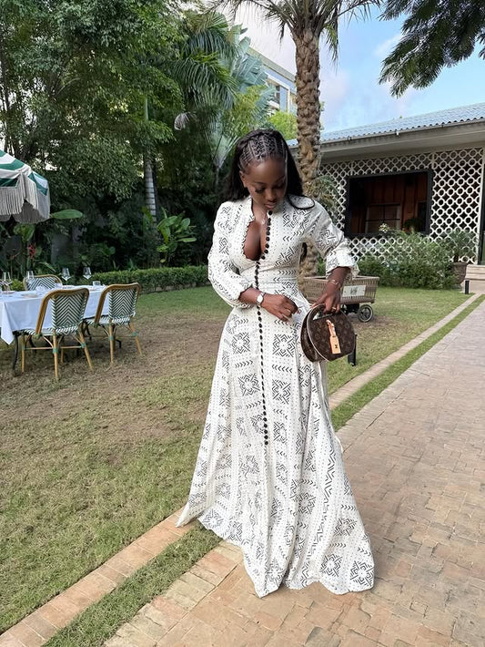 Ethnic Print Deep V - Neck Maxi Dress