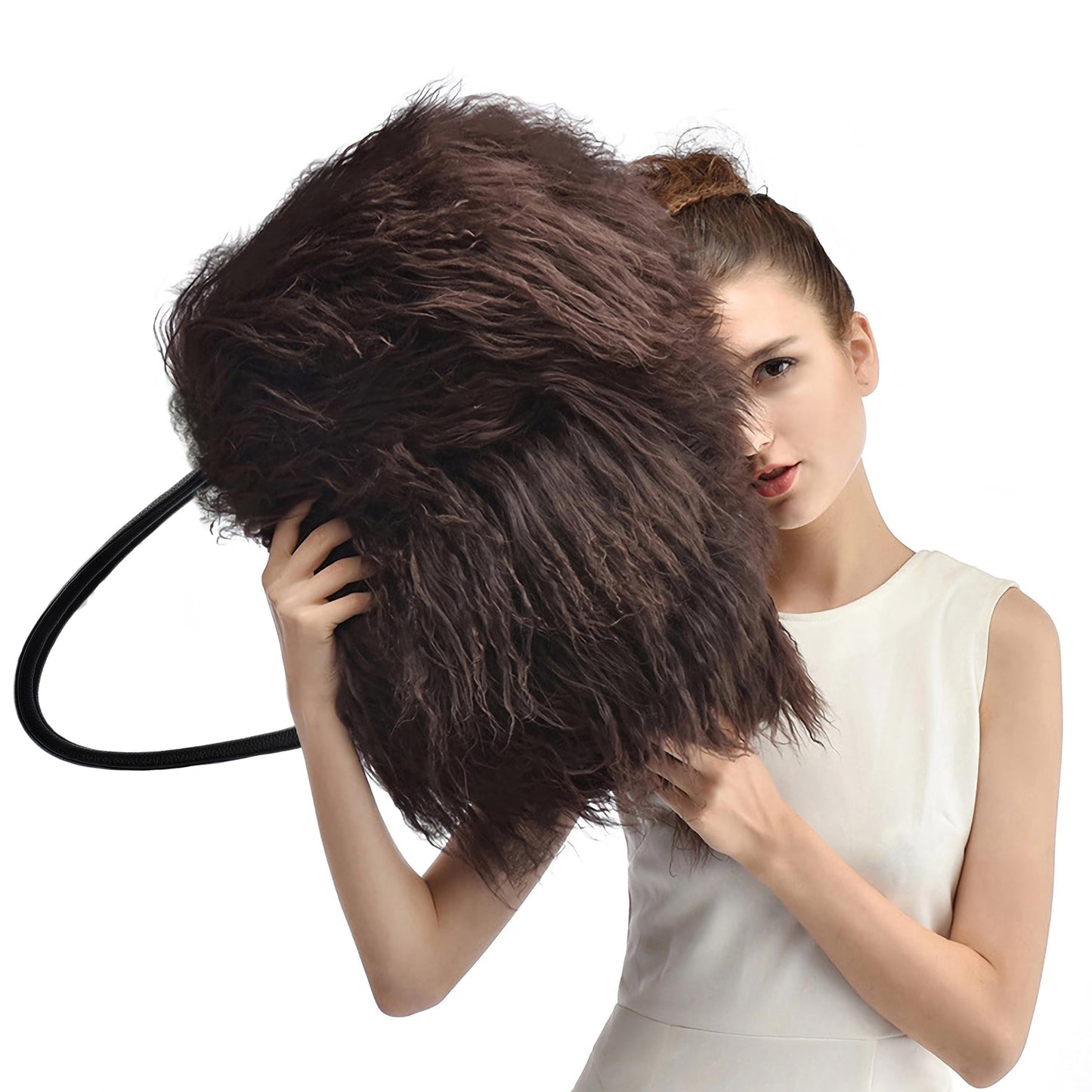 Luxury Natural Wool Handbag With Genuine Leather Handle