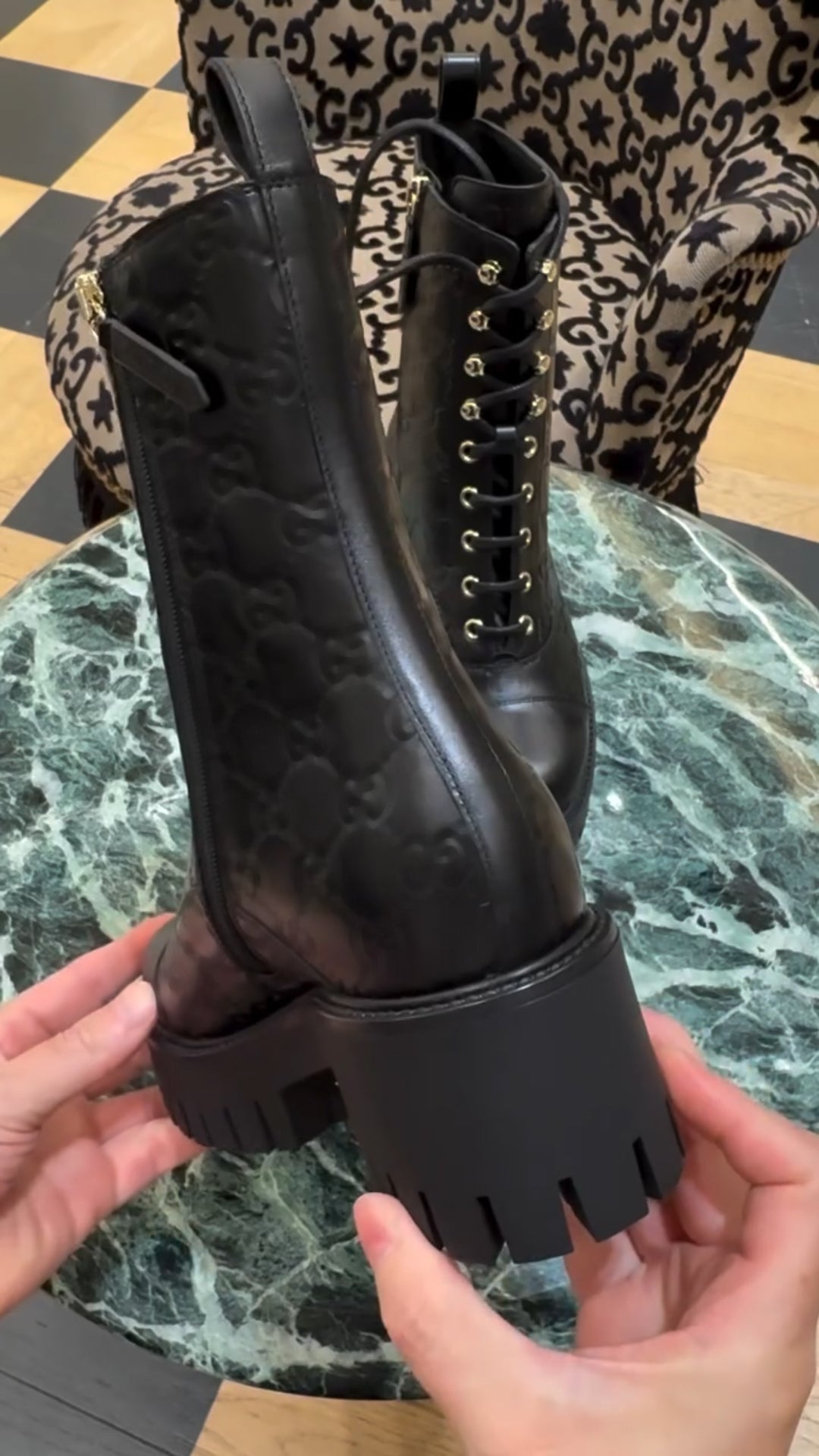 Black Embossed Logo Lace - Up Platform Ankle Boots