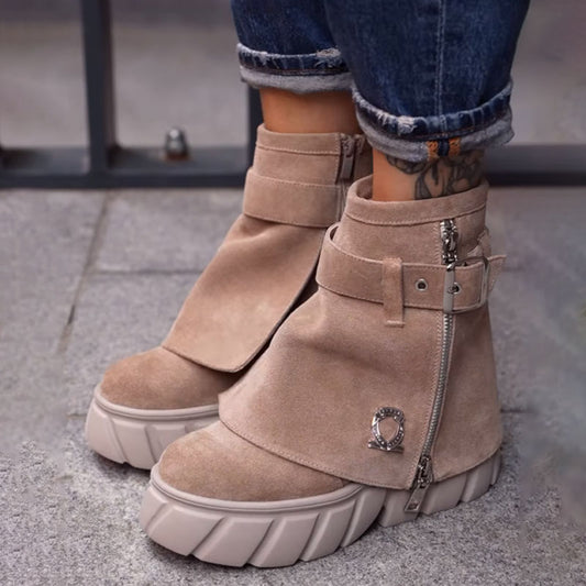 Women's Beige Suede Chunky Platform Ankle Boots with Buckle & Zip Detail