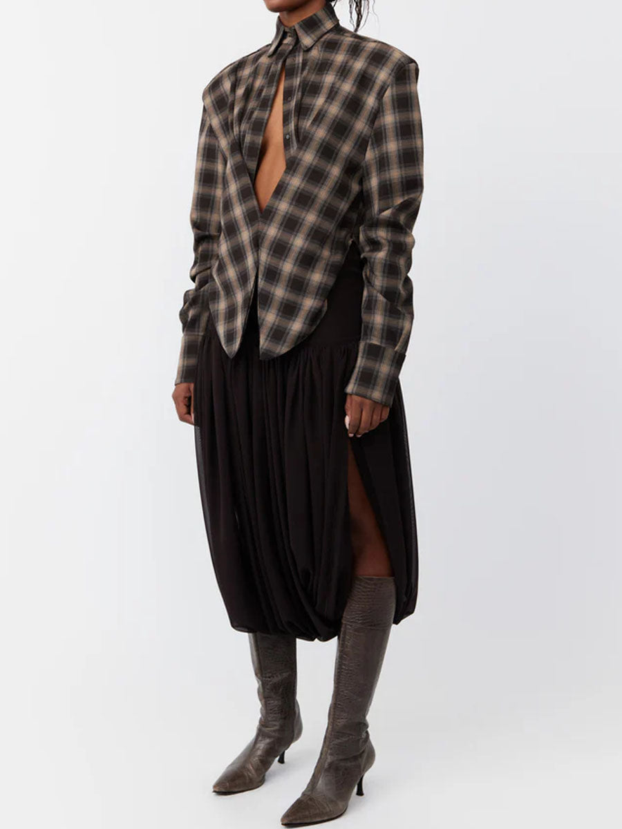 Women's Plaid Twisted Front Structured Shoulder Shirt