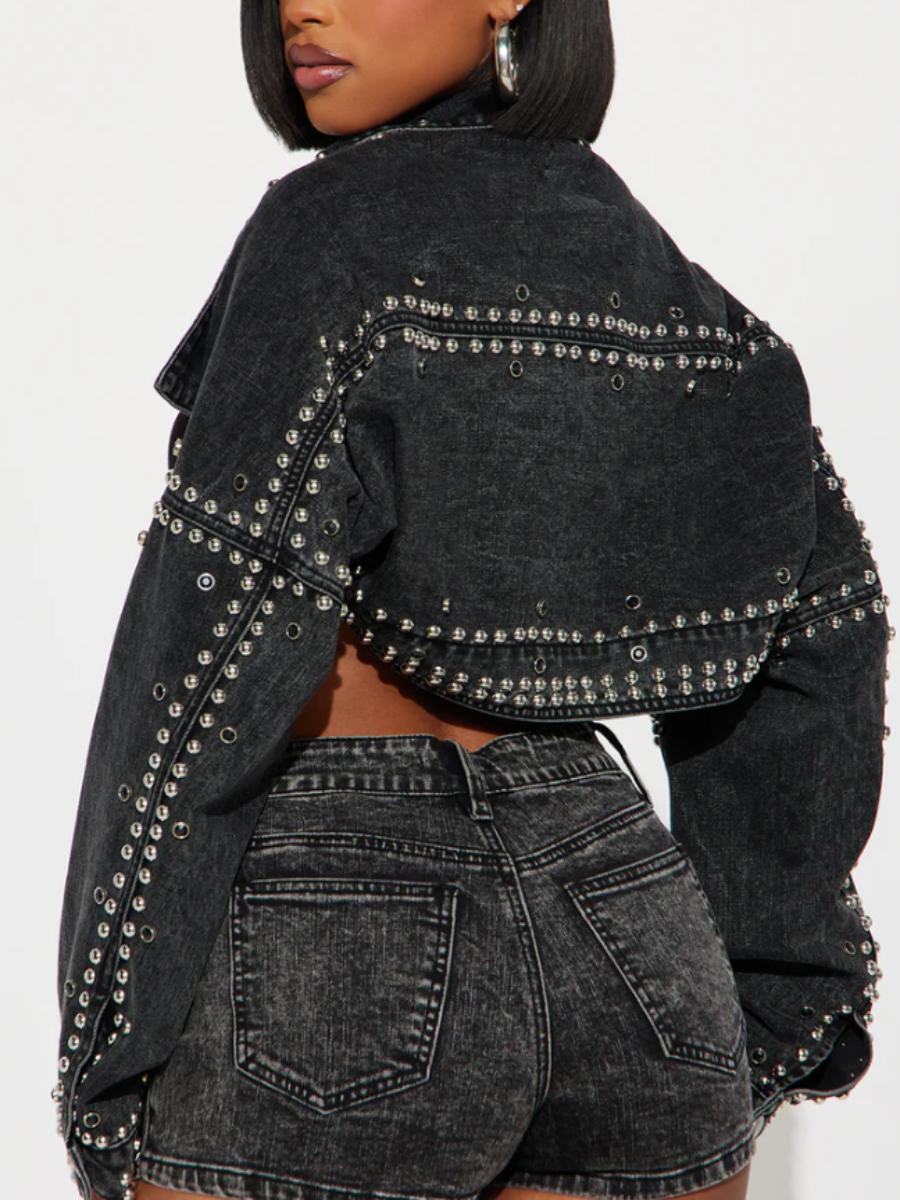 Studded Embellished Denim Cropped Jacket