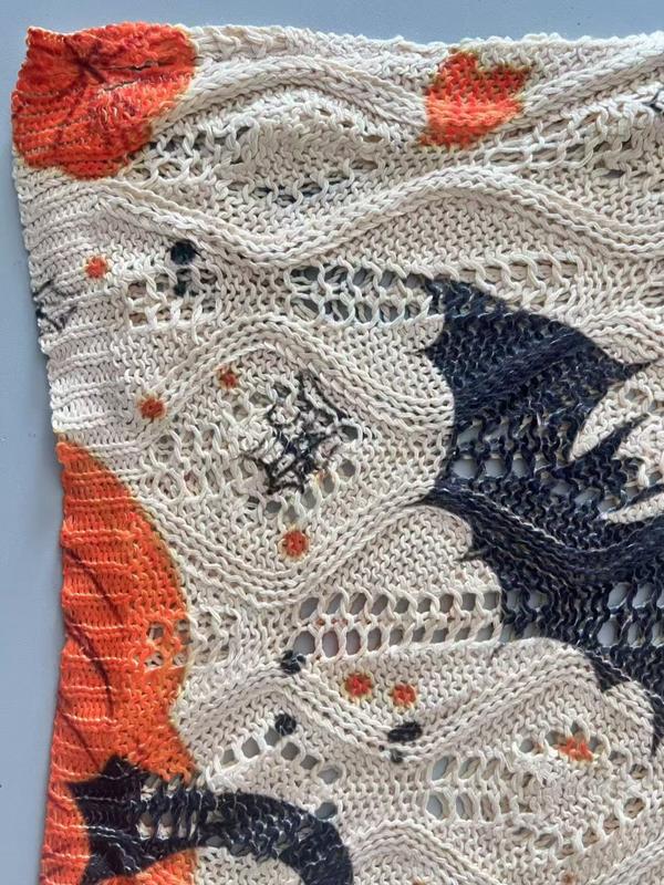 Women's Halloween pumpkin print long-sleeved knit top, casual and elegant resort style sweater with loose bat shoulders