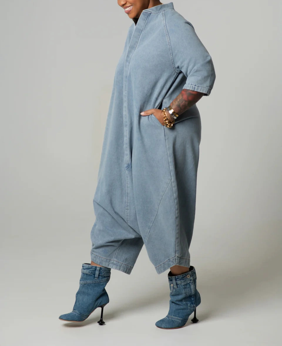Plus Size Denim Harem Jumpsuit – Oversized Relaxed Fit with Half Sleeves