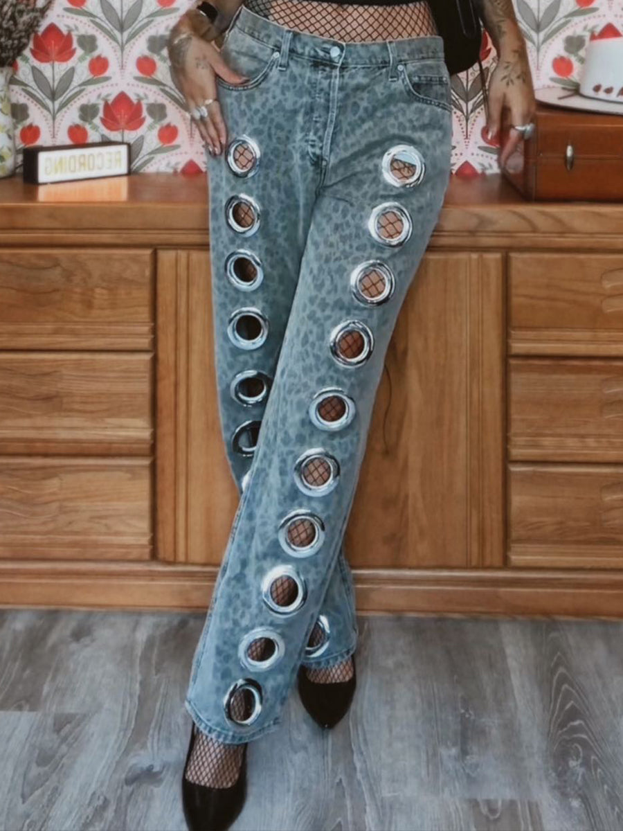 Women's Grey Distressed Denim Jeans with Circular Cut - outs