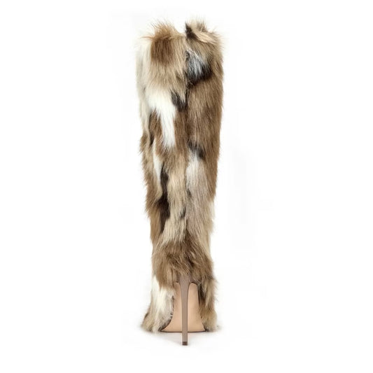 Multi-Tonal Fur Over-The-Knee Stiletto Boots