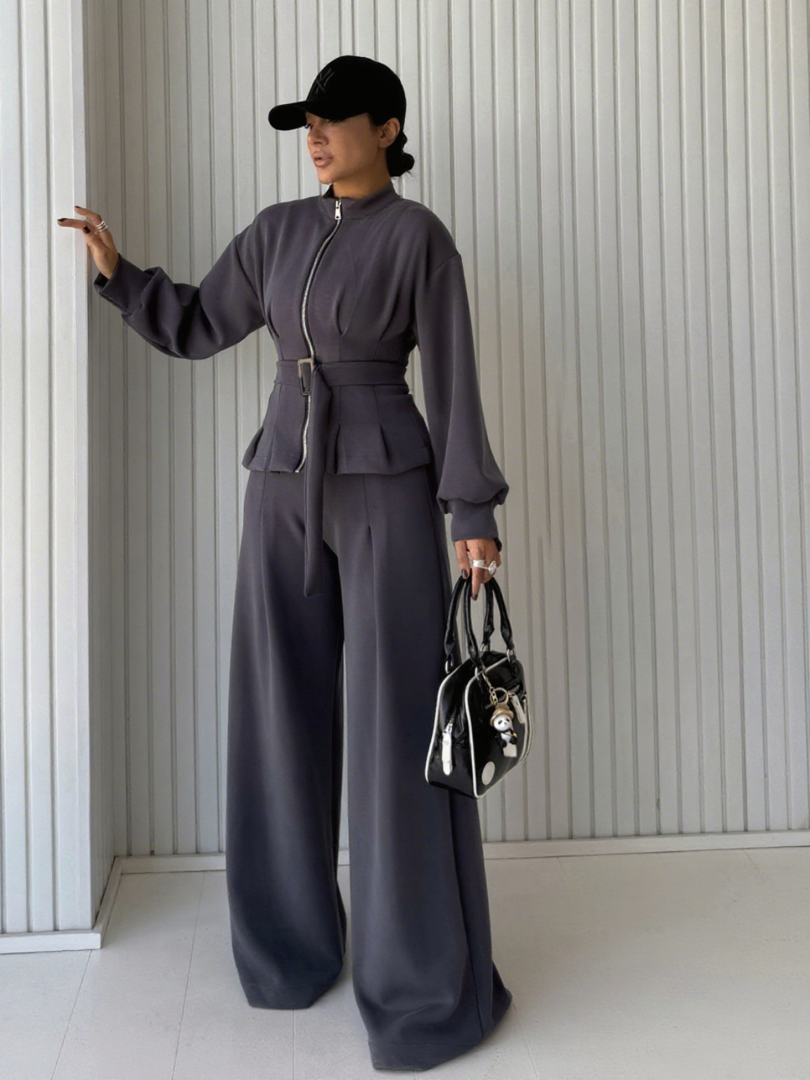 Women's Zip - Up Belted Jacket & Wide - Leg Pants Set