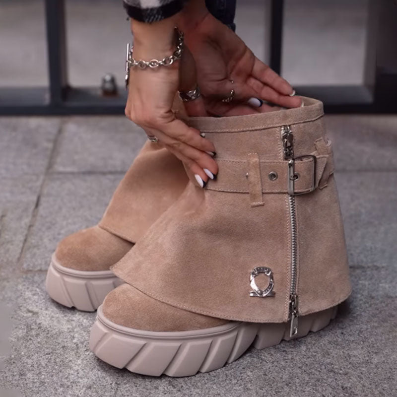 Women's Beige Suede Chunky Platform Ankle Boots with Buckle & Zip Detail